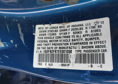 2014 Honda Civic Ex из США, поврежденный, VIN 19XFB2F87EE001058